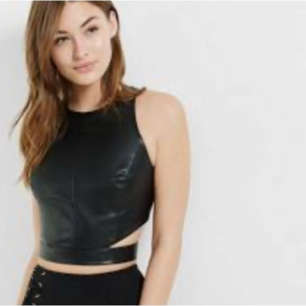 Express NWT Black Faux Leather Belted Crop Top